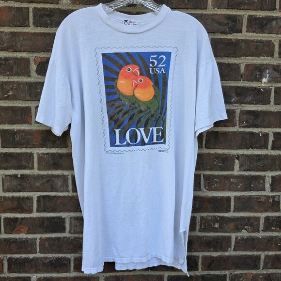 Native Sun Other - VTG 90s Love Birds Tropical Parrots US Postage Stamp White T-Shirt Retro